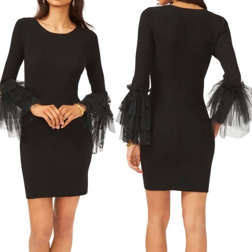 Vince Camuto Holiday Hues Tulle Detail Long Sleeve Mini Dress in Rich Black Sz S